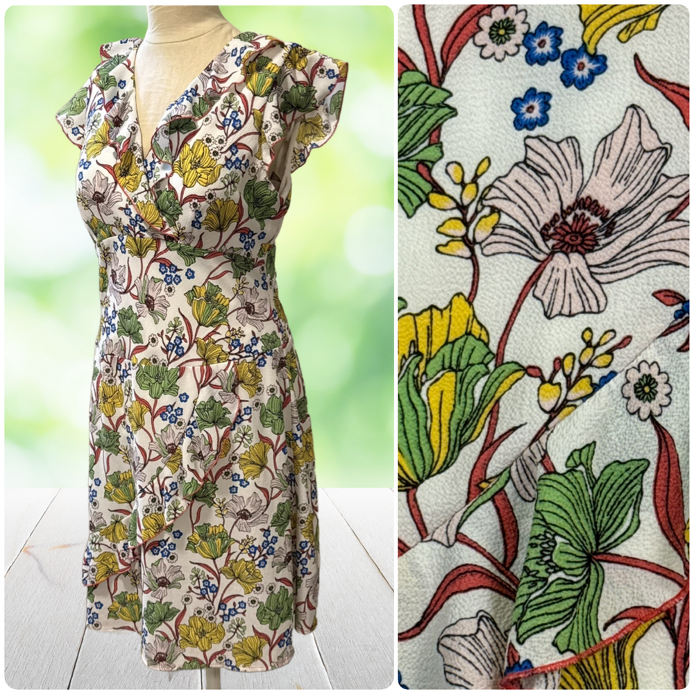 CHRIS MCLAUGHLIN Faux Wrap Dress Empire Waist Botanical Floral V-Neck Size 12